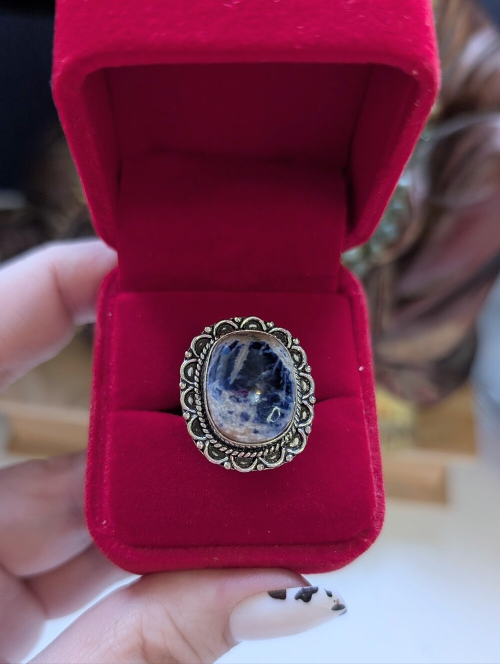 Vintage Handmade Genuine Blue Sodalite Set In Sterling Silver Size 7.75